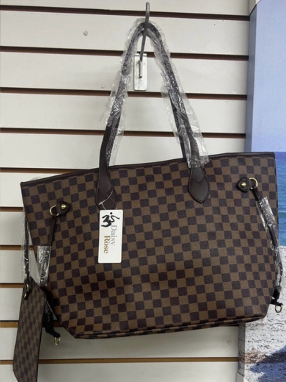 Daisy Rose Checkered Tote Bag Brown PVC